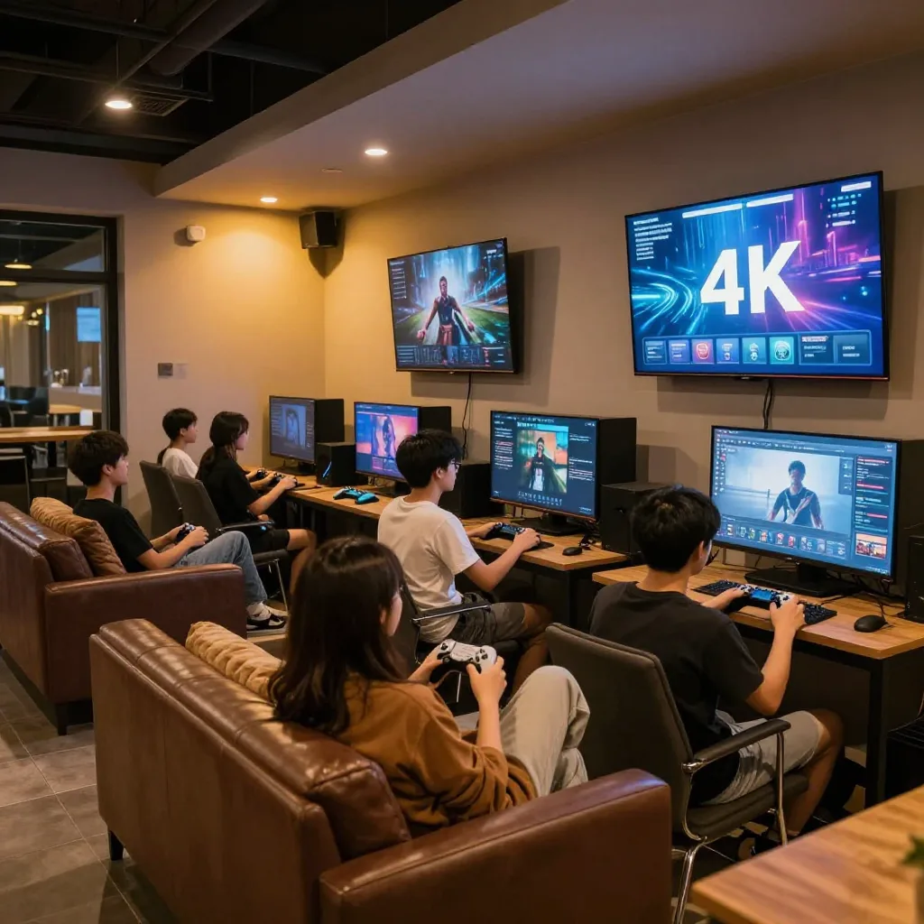 A group of players gathered around big screens in the evening lounge corner
